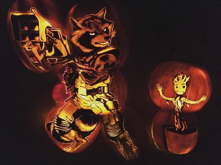 Rocket Racoon and Groot Pumpkins carved by Tom Olton