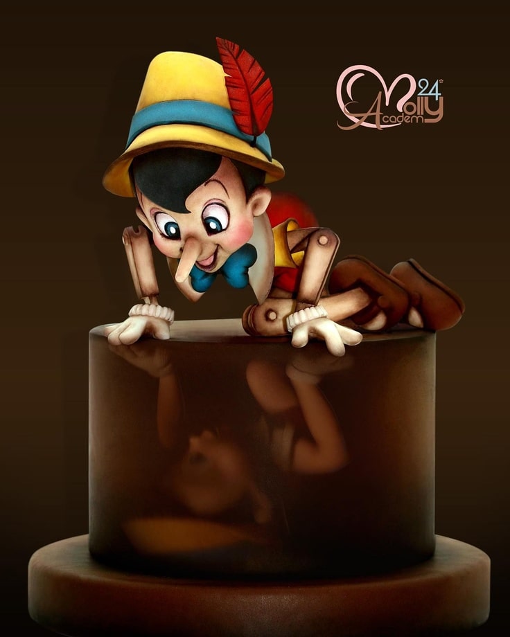 This cake has a topper of Pinocchio on his hands and knees looking at his reflection in the cake. The reflection is of a boy, not a puppet.