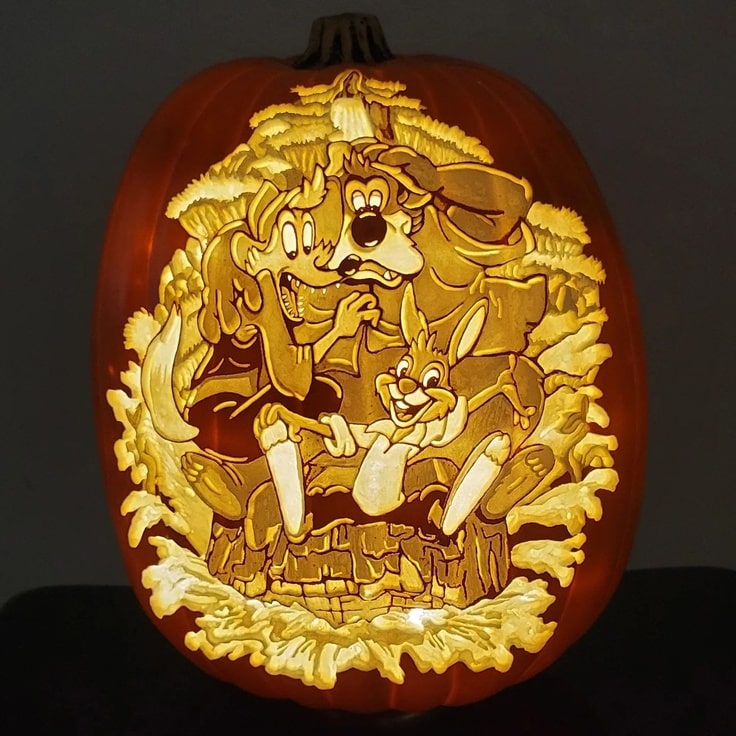 This pumpkin carving features Brer Fox, Brer Bear and Brer Rabbit riding Splash Mountain.