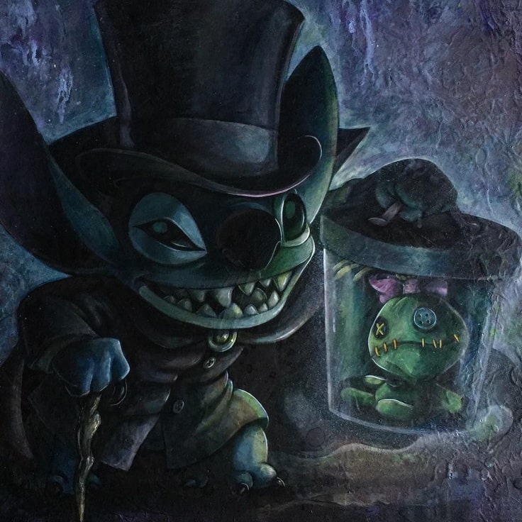 This painting features Stitch dressed up as the Hatbox Ghost