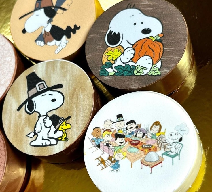 A close-up of the Chocolate Covered Oreo featuring the Peanuts gang celebrating Thanksgiving