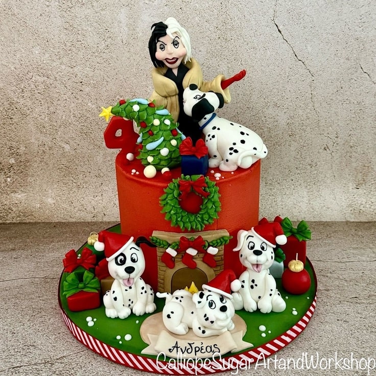 This is a Christmas themed 4th Birthday Cake. It features Cruella de Vil and 4 Dalmatians.