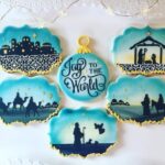 Six blue, white, black & gold silhouette Nativity Cookies