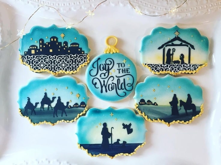 Six blue, white, black & gold silhouette Nativity Cookies