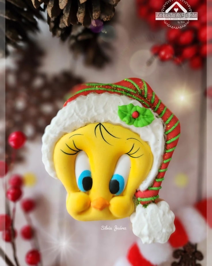 Tweety is wearing a red and green striped stocking cap 